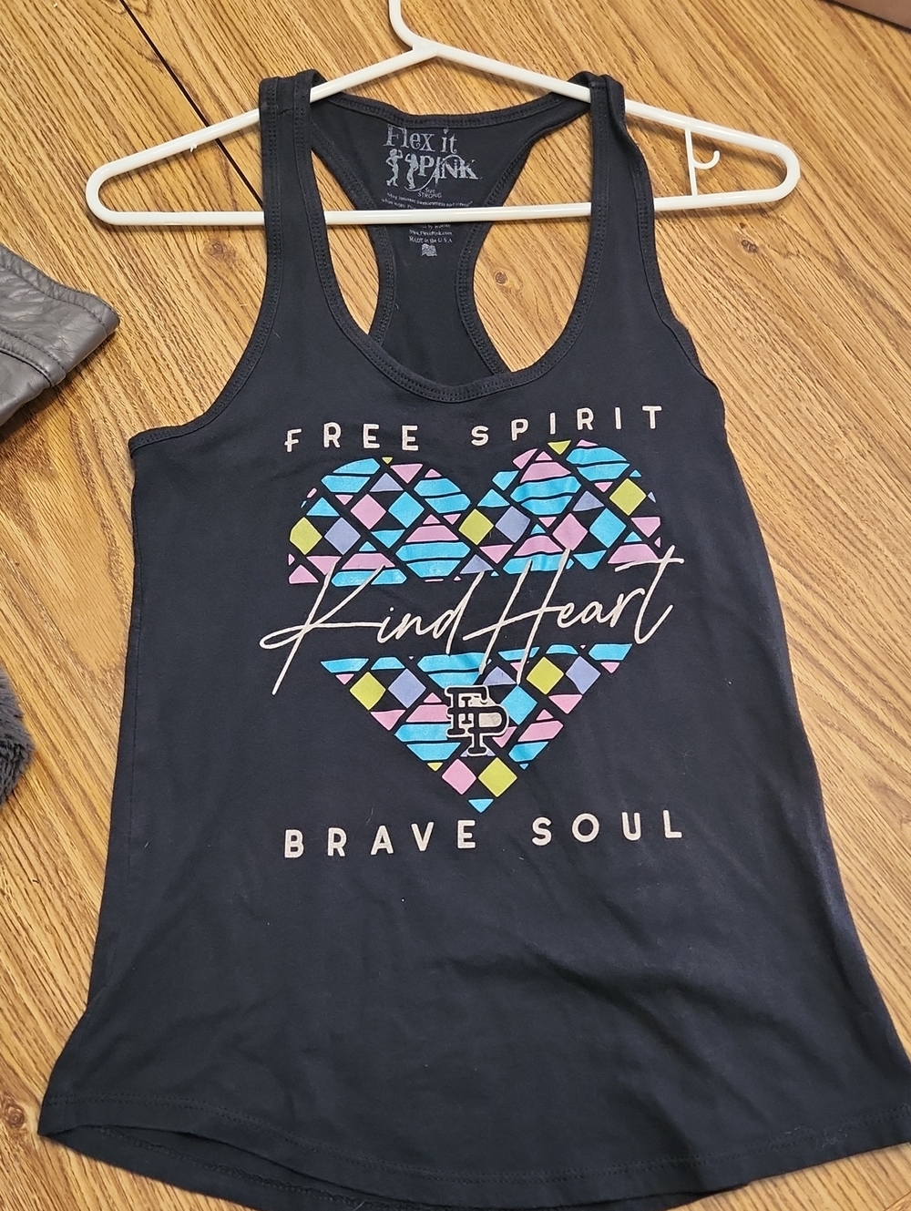 PINK Victoria's Secret Black Racerback Tank with Multicolor Geometric Heart